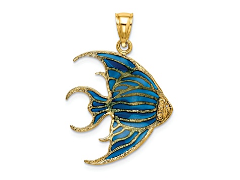14k Yellow Gold with Blue Enameled Angelfish Charm