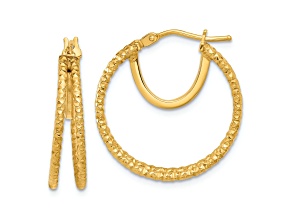 14k Yellow Gold Polished and Textured 15/16" Double Circle Hoop Earrings