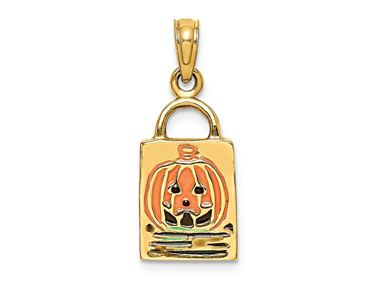 14k Yellow Gold 3D Multi-color Enameled Jack-o-Lantern Trick or Treat Bag Charm