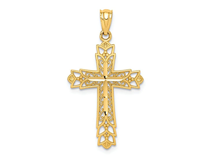 14k Yellow Gold Polished, Diamond-Cut and Textured Reversible Filigree Cross Pendant