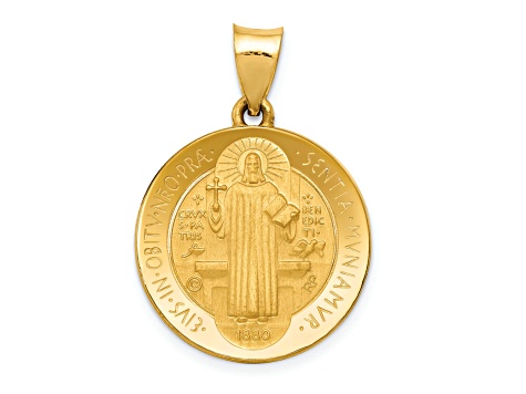 14K Yellow Gold Polished and Satin St Benedict Hollow Medal Pendant