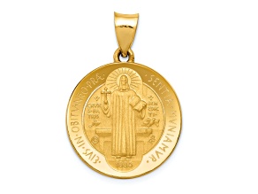 14K Yellow Gold Polished and Satin St Benedict Hollow Medal Pendant