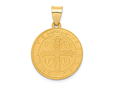 14K Yellow Gold Polished and Satin St Benedict Hollow Medal Pendant