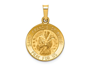 14K Yellow Gold Polished and Satin St Francis of Assisi Medal Hollow Pendant