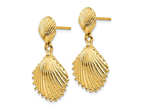 14k Yellow Gold Textured Scallop Shell Dangle Earrings