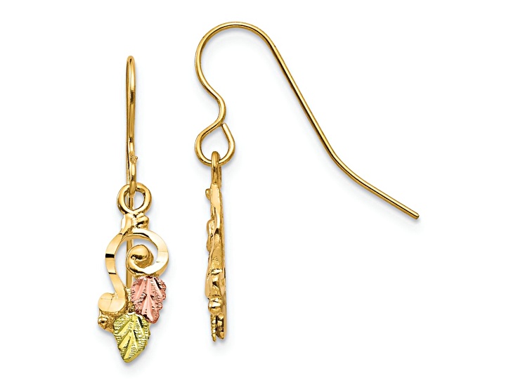 10k Yellow Gold with 12k Rose Gold and 12k Green Gold Accent Diamond-Cut Leaves Dangle Earrings