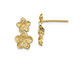 14K Yellow Gold Textured Double Plumeria Flower Dangle Earrings