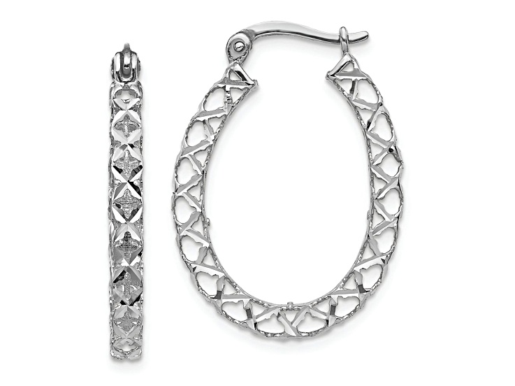 Rhodium Over 14k White Gold 1 1/16 inch Polished Diamond-Cut Hoop Earrings