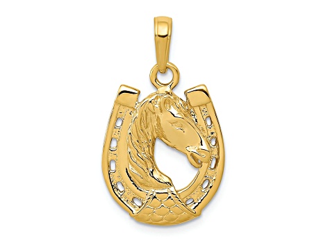 14K Yellow Gold Solid Polished Horse Head in Horseshoe Pendant