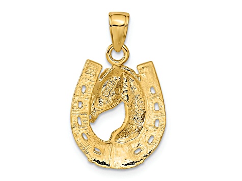 14K Yellow Gold Solid Polished Horse Head in Horseshoe Pendant
