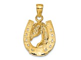14K Yellow Gold Solid Polished Horse Head in Horseshoe Pendant