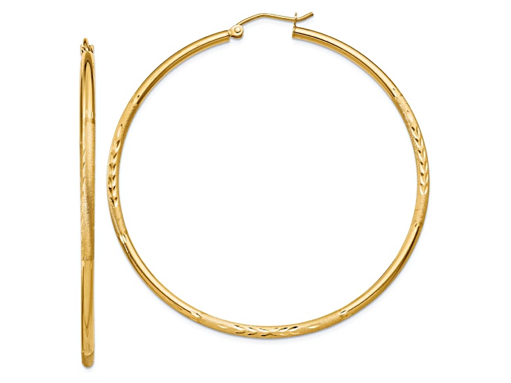 10k Yellow Gold Satin and Diamond-Cut 2 3/16" Round Tube Hoop Earrings