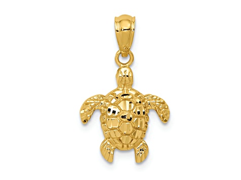 14K Yellow Gold Polished and Textured Diamond-cut Turtle Pendant