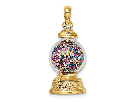 14k Yellow Gold 3D Textured Moveable Gumball Machine Glass Pendant With Multi-Color Glass Beads