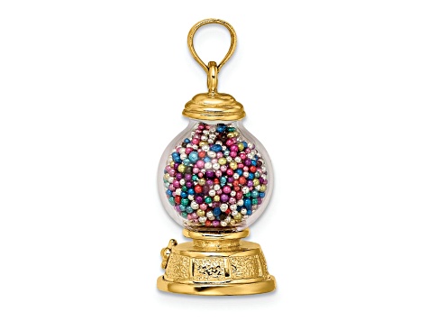 14k Yellow Gold 3D Textured Moveable Gumball Machine Glass Pendant With Multi-Color Glass Beads