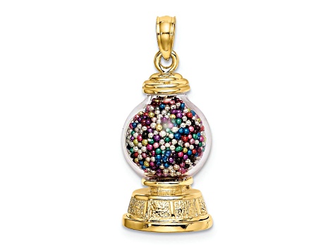 14k Yellow Gold 3D Textured Moveable Gumball Machine Glass Pendant With Multi-Color Glass Beads