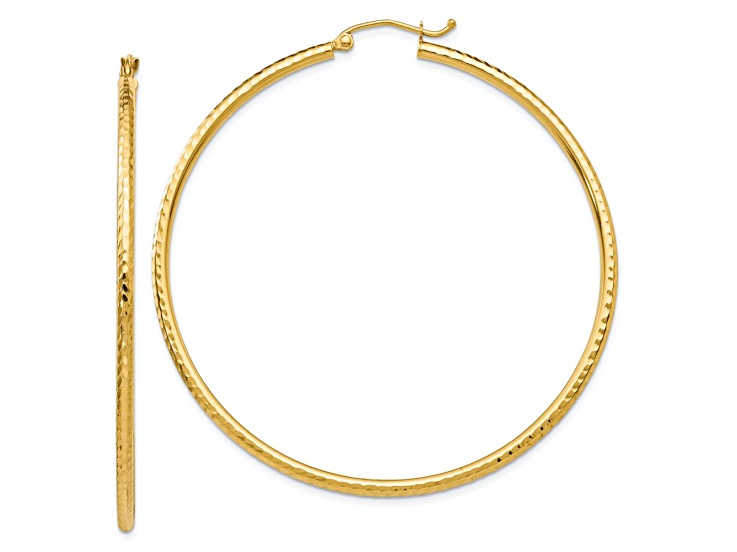 10k Yellow Gold 2 3/16" Diamond-Cut Round Tube Hoop Earrings