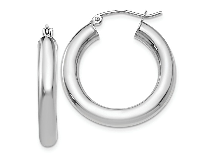 Rhodium Over 10k White Gold Polished 1/1" Tube Hoop Earrings