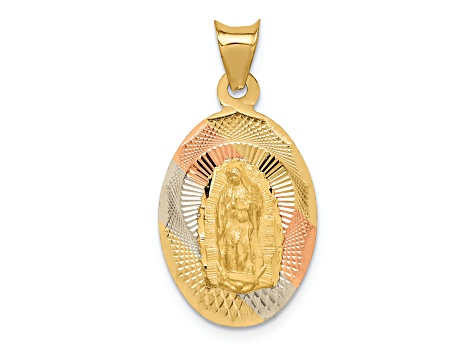 14K Yellow Gold with Rose and White Rhodium Diamond-cut Lady Of Guadalupe Oval Pendant
