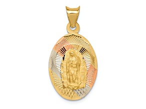14K Yellow Gold with Rose and White Rhodium Diamond-cut Lady Of Guadalupe Oval Pendant