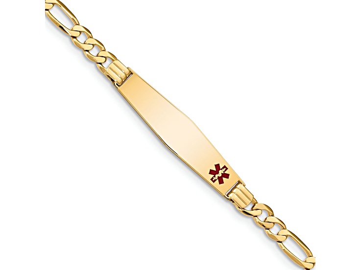 14k Yellow Gold Medical Soft Diamond Shape Red Enamel Flat Figaro Link ID Bracelet