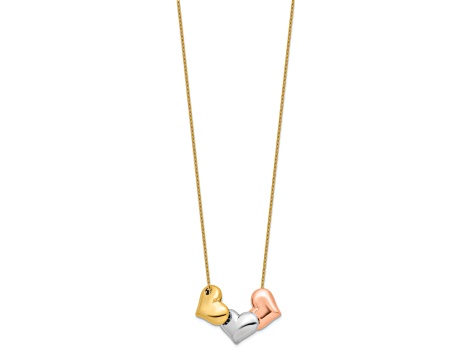 14K Tri-color Polished Hearts 17-inch with 1-inch Extension Necklace