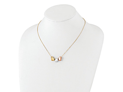 14K Tri-color Polished Hearts 17-inch with 1-inch Extension Necklace