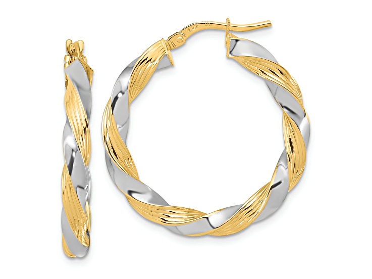 14k Yellow Gold and Rhodium Over 14k Yellow Gold 1 3/16" Polished Twisted Hoop Earrings