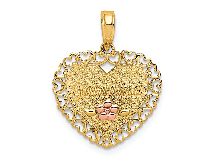 14k Two-tone Gold Textured Grandma in Heart with Flower Charm