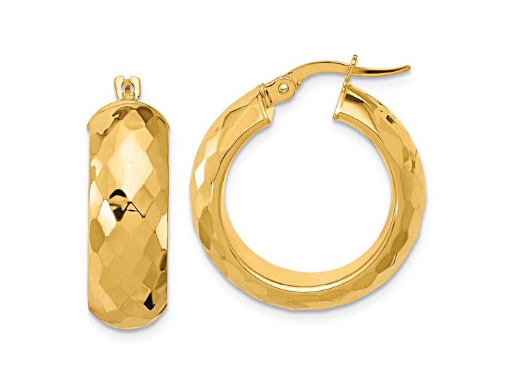 14k Yellow Gold 15/16 inch Polished and Diamond-Cut Half Round Circle Hoop Earrings