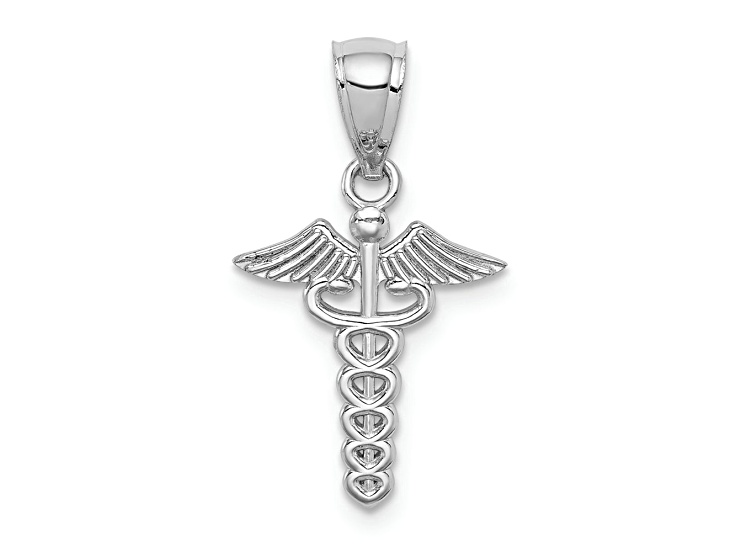 Rhodium Over 14k White Gold Polished and Textured Medical Symbol Pendant