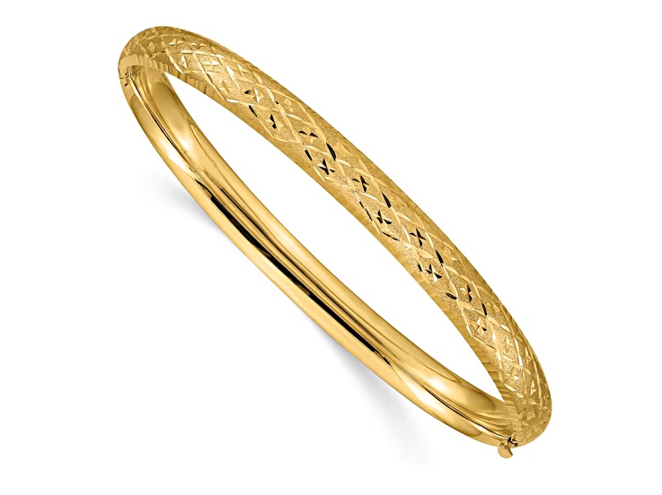 10k Yellow Gold 6.5mm Diamond-Cut and Brushed Fancy Hinged Bangle Bracelet