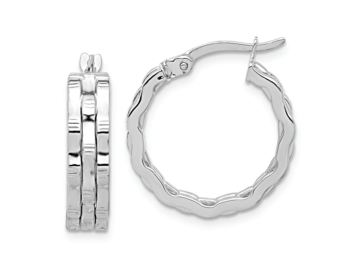 Rhodium Over 14k White Gold 13/16" Polished and Textured Hoop Earrings