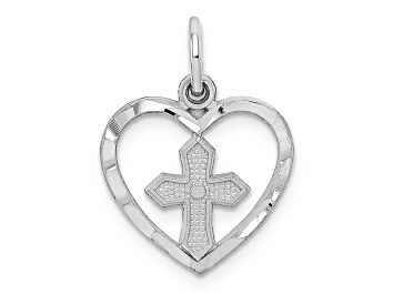Picture of Rhodium Over 14k White Gold Diamond-Cut and Textured Cross in Heart Charm