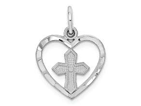 Rhodium Over 14k White Gold Diamond-Cut and Textured Cross in Heart Charm