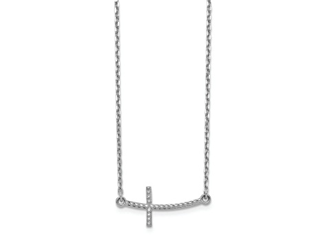 Rhodium Over 14K White Gold Sideways Curved Textured Cross Necklace