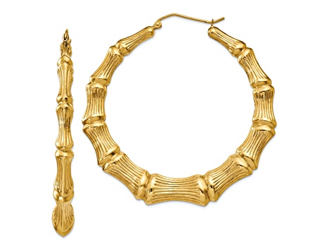 14k Yellow Gold 2 1/8" Polished and Textured Bamboo Hoop Earrings