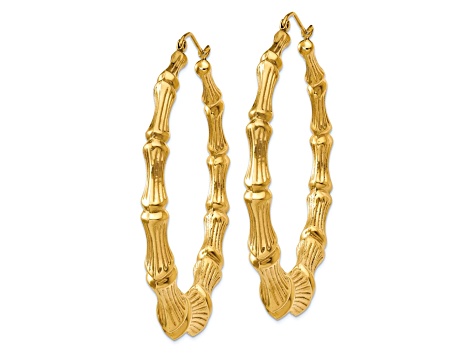 14k Yellow Gold 2 1/8" Polished and Textured Bamboo Hoop Earrings