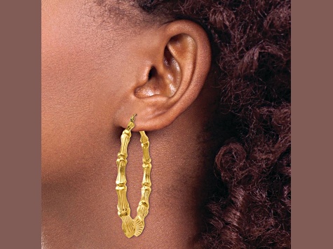 14k Yellow Gold 2 1/8" Polished and Textured Bamboo Hoop Earrings