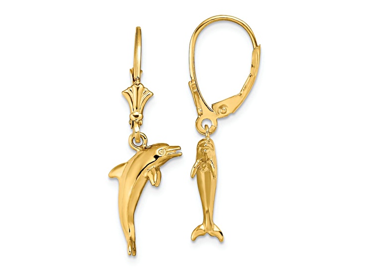 14k Yellow Gold 3D Mini Dolphin Jumping Dangle Earrings
