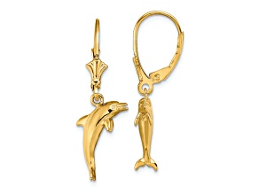 14k Yellow Gold 3D Mini Dolphin Jumping Dangle Earrings