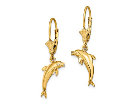 14k Yellow Gold 3D Mini Dolphin Jumping Dangle Earrings