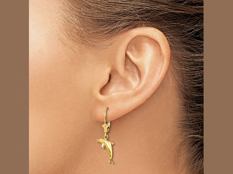 14k Yellow Gold 3D Mini Dolphin Jumping Dangle Earrings