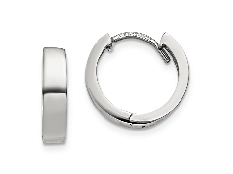 Rhodium Over 10k White Gold 3/8" Round Hinged Hoop Earrings