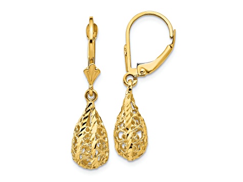 14k Yellow Gold Polished Diamond-Cut Filigree Dangle Earrings