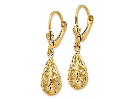 14k Yellow Gold Polished Diamond-Cut Filigree Dangle Earrings