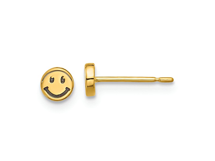 14k Yellow Gold with Black Rhodium-plated Polished Smiley Face Post Earrings