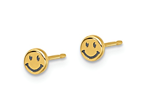 14k Yellow Gold with Black Rhodium-plated Polished Smiley Face Post Earrings