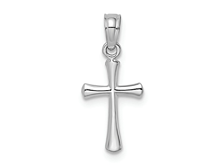 Rhodium Over 14k White Gold Polished Beveled Cross with Round tips Charm