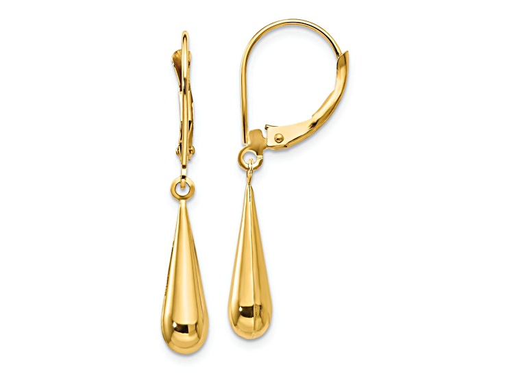 14K Yellow Gold Teardrop Dangle Leverback Earrings